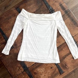 1.STATE from REVOLVE: Small, white, off the shoulder top w/ 3/4 sleeves.